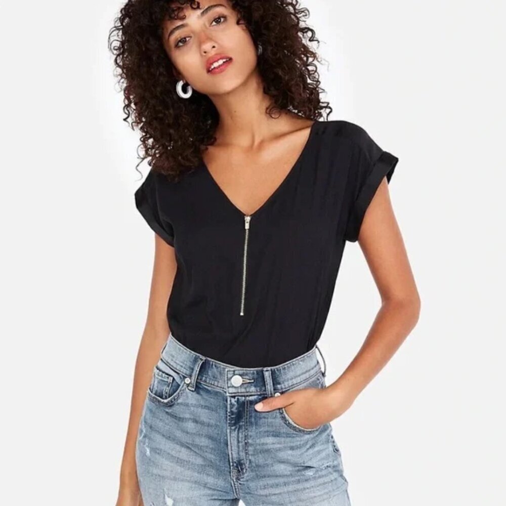 Express Black Satin Gold Zip Front Short Sleeve Top S